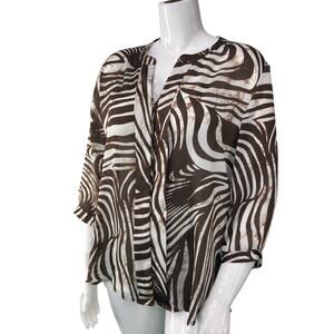 Chicos Womens Size 3 US 16 XL Blouse V Neck Tunic Brown Zebra Print Sheer Top